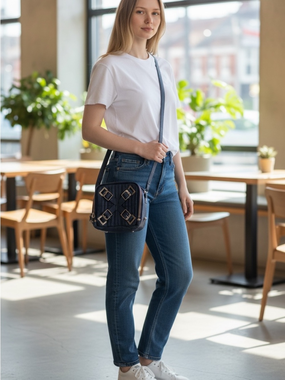 ANTHROPOLOGIE SCHULER & SONS NAVY LEATHER BUCKLE CROSSBODY PURSE